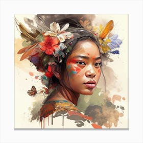 Watercolor Floral Indonesian Native Woman #3 Canvas Print