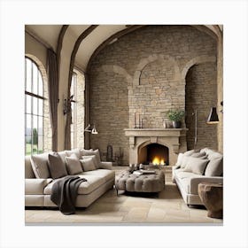 Living Room With Stone Fireplace 1 Canvas Print