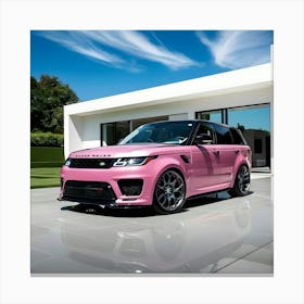 A Sleek Pink Range Rover Sport With A High Gloss Finish In Front Of Modern Mansion 2 Canvas Print