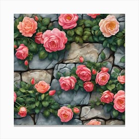 Pink Climbing Roses On Stone Wall Canvas Print