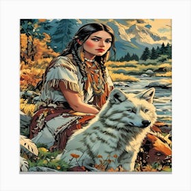 Native American Woman With Wolf-Drucke 09.12.2024--39c5 Canvas Print