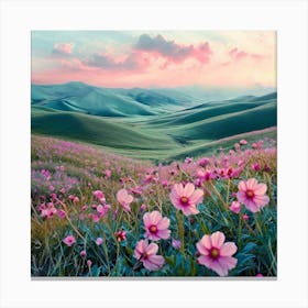 Landscape Beautiful Vibrant Wild Flowers Rolling Hills Minimalist Shades Of Blush Pink Canvas Print