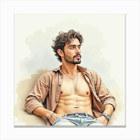 Spanish Man With A Relaxed Pose, Watercolor With Soft, Soothing Colors 1 Canvas Print