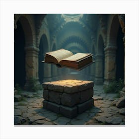 Ancient Magical Book Floating Above A Stone Pedestal In A Mystical Ruin 1 Canvas Print