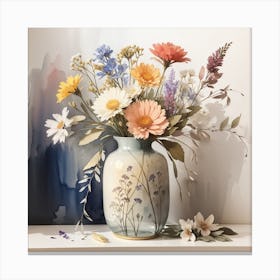 Watercolour wildflowers in muted tones in vintage vase Canvas Print