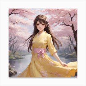 Asian Girl In Yellow Dress Canvas Print