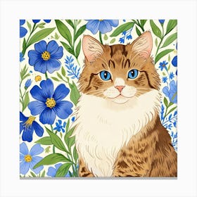 Cat With Blue Flowers Canvas Print