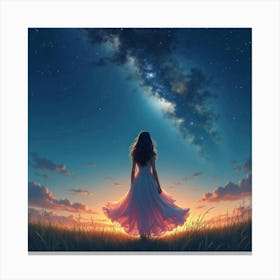 Charming Woman In Watercolor Dress, Celestial Night Sky 1 Canvas Print