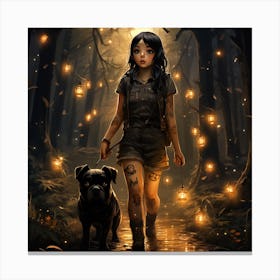 Girl And Dog In The Dark Woods Canvas Print