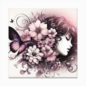 Portrait Of A Girl With Flowers And Butterflies Canvas Print