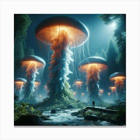 Enchanting Fantasy Art: Gigantic Mithril Jellyfish, Moonlit Forest with Glowing Mushrooms | Epic Cinematic 8K Resolution Matte Painting | Trending on Artstation & Unreal Engine 5 Canvas Print
