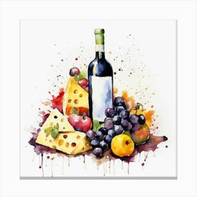 Watercolor Of Wine And Cheese Canvas Print