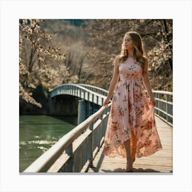 Beautiful Girl Walking On A Bridge Canvas Print