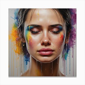 Portrait of a woman crying with tears of paint, glossy painting Canvas Print