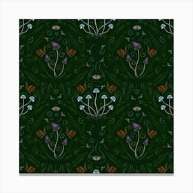 Goblincore Seamless Pattern With Mushrooms, Snails and Moths on Deep Green Canvas Print