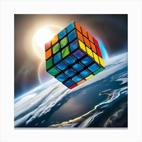 A Majestic Rubik S Cube, With Vibrant Stickers Reflecting A Kaleidoscope Of Colors, Hovers Over Planet Earth 1 Canvas Print