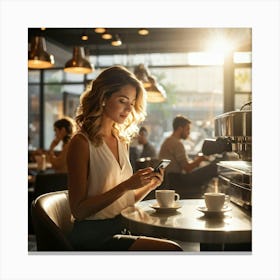 Modern Woman Engages With A Sleek Smartphone At A Bustling Coffee Shop Surrounded By The Hazy Glow (3) Canvas Print