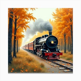 Classic Train Traveling Through A Beautiful Watercolor Autumn Forest 1 Canvas Print