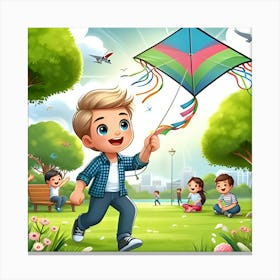 A Child Flying A Kite In A Park With Other Kids Playing In The Background Canvas Print