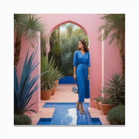 Woman In A Blue Dress in to the garden, In The Garden Canvas Print