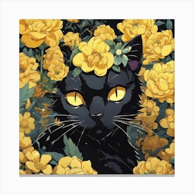 Black Cat With Yellow Flowers Canvas Print