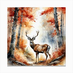 Autumn Forest Painted With Red Leaves And Deer Canvas Print