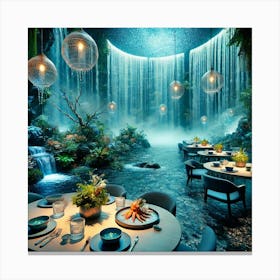 A Tranquil Water Themed Dining Area With Cascading Canvas Print