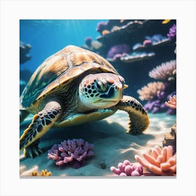 Sea Turtle On Coral Reef Canvas Print