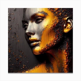 Woman's Face Looking Sideway - An Abstract Artwork In Shades Of Silver, Yellow, And Orange Lines And Textures On Dark Background. Canvas Print
