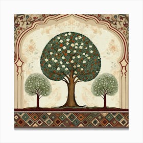 An Elegant Oriental Painting With A Central Tree And Two Accompanying Trees, Reflecting A Harmonious Natural Scene Canvas Print