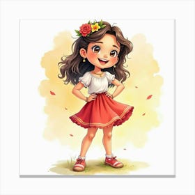 Spanish Girl With A Joyful Pose, Watercolor With Cheerful Tones 1 Canvas Print