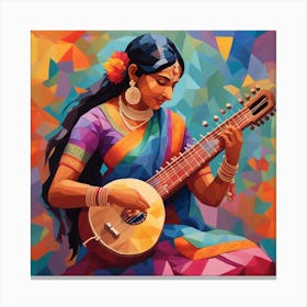 In An Oil Painting The Vibrant Essence Of A Joyous Indian Woman Playing The Sitar With Profound Enthusiasm Is Beautifully Depicted The Artwork Showcases The Woman In Meticulous Detail Exuding Pure 0 Canvas Print