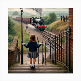 Little Girl And A Steam Train Canvas Print