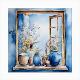 Blue wall. Open window. From inside an old-style room. Silver in the middle. There are several small pottery jars next to the window. There are flowers in the jars Spring oil colors. Wall painting.47 Canvas Print