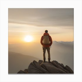 Man Standing On Top Of Mountain At Sunset 1 Canvas Print