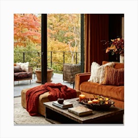 Autumn Living Room Embracing The Essence Of Comfort With A Palette Of Warm Oranges Reds And Golds 2 1 Canvas Print