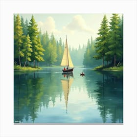 Scenic Sailboat Trip In Watercolor Forest Reflections 1 Canvas Print