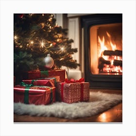 Christmas Presents Under Christmas Tree At Home Next To Fireplace Haze Ultra Detailed Film Photog (13) Canvas Print