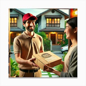 Friendly Food Delivery Wall Art: A Heartwarming Scene of Doorstep Service for Home and Business Decor Print Art Canvas Print