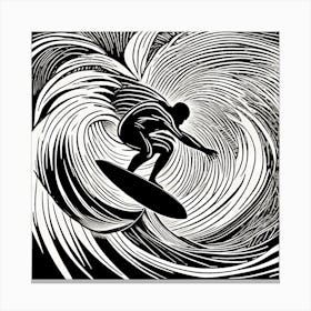 Surfer On A Wave Linocut Black And White Painting, into the water, surfing 3 Canvas Print