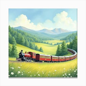 Elegant Train Passing Through A Picturesque Watercolor Meadow 1 Canvas Print