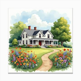 Country Farmhouse With Blooming Garden, Watercolor With Vibrant Flowers 1 Canvas Print