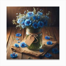 Blue Flowers In A Mason Jar Canvas Print