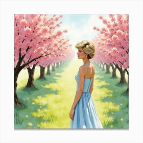 Watercolor Princess Diana Amidst A Picturesque Blooming Orchard 1 Canvas Print