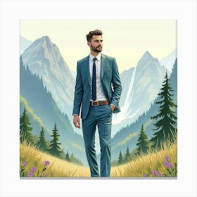 Beautiful Man In Watercolor Suit, Serene Alpine Backdrop 1 Canvas Print