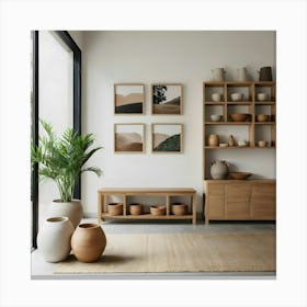 Living Room With Wooden Furniture Canvas Print