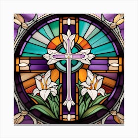 Cross with white Easter lilies stained glass window Canvas Print