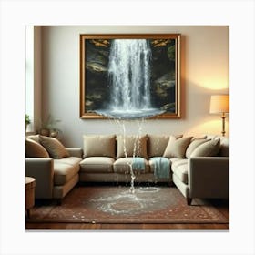 A cozy living room with a soft, plush sofa and a warm, patterned rug at the center. Hanging on the wall is a large painting of a waterfall Canvas Print