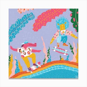  Skating Pink Crocodile And Yellow Lion Square Canvas Print