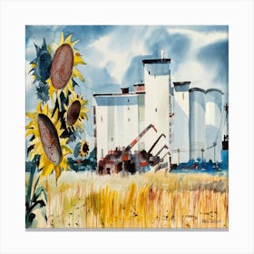 Sunflowers And Silos Canvas Print